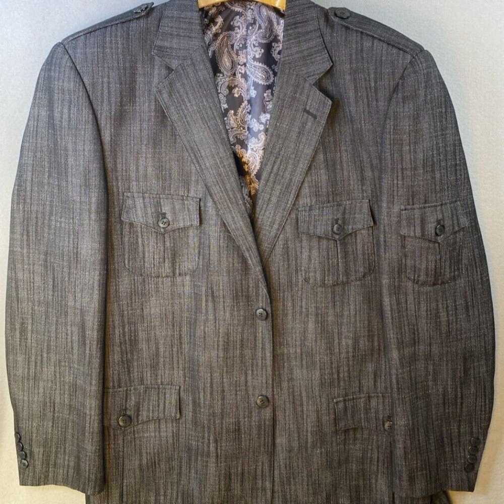 BLU MARTINI Blazer Mens 46L Gray Sport Coat Paisley‎ Lining Contrasting Stitches